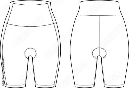 High waist padded cycling shorts technical flat sketch, front and back view activewear design, professional apparel template for sportswear, vector fashion illustration, garment outline