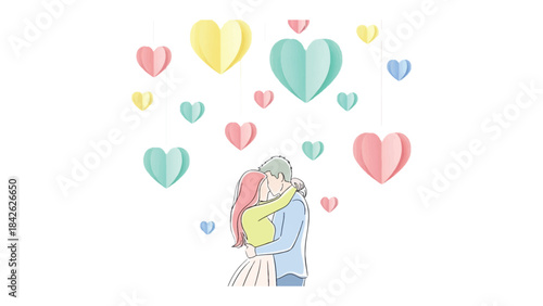 Love's Embrace: A couple shares an intimate moment, surrounded by a cascade of colorful heart shapes, representing the depth of their affection and bond.