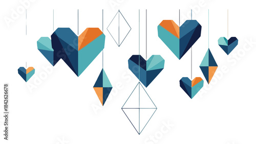 Geometric Heart Hanging Decoration: A collection of heart-shaped decorations in a modern, geometric style, delicately suspended. Each unique piece, a symbol of love and artistry.