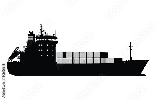 A large container ship silhouette illustration for global shipping and maritime transportation