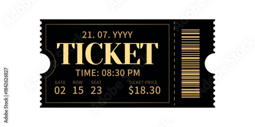 Luxury Black Ticket. Coupon in Gold and Black Colors. Admit One sign. Cinema ticket or Pass. Vector illustration. 