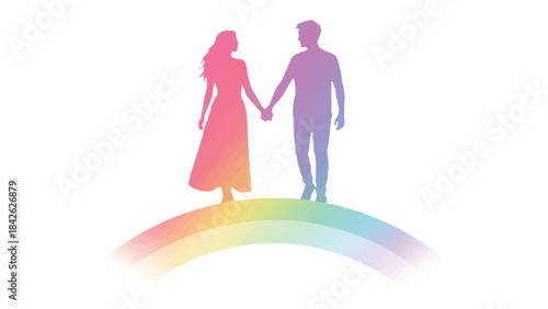 Rainbow Silhouette of a couple: A couple holding hand walking together over rainbow silhouette. Symbolic of love, hope, and new beginnings. conveying the themes of love and togetherness.