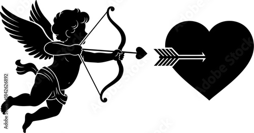 Black silhouette of a winged cupid angel aiming a heart piercing arrow directly toward a large solid black heart symbol on white background
