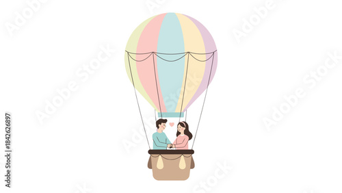 Love's Aerial Voyage: A couple shares an intimate moment in a whimsical hot air balloon, ascending into a pastel-colored sky. A scene exuding romance and the promise of new adventures.