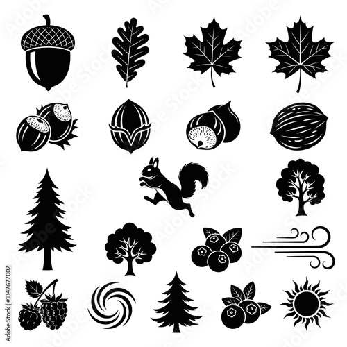 Forest Nature Silhouette Icon Set – Leaves Nuts Trees Animals Vector Collection
