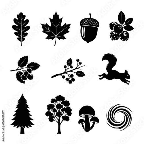 Forest Nature Silhouette Icon Set – Leaves Nuts Trees Animals Vector Collection