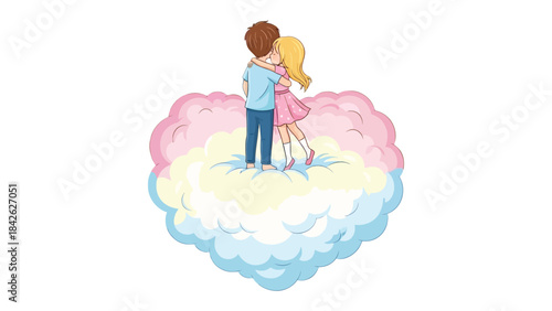 Clouded Embrace: A couple, lost in a tender embrace atop a soft, heart-shaped cloud, symbolizes the gentle caress of affection and the dreamlike state of love.