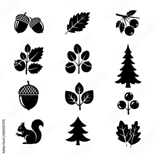 Forest Nature Silhouette Icon Set – Leaves Nuts Trees Animals Vector Collection
