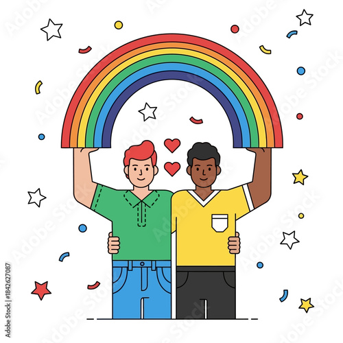 The couple celebrate pride month with rainbow colors symbols, vector illustration