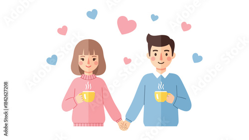 Love and Warmth: A couple holds hands, radiating warmth and affection while enjoying their cups of coffee, surrounded by floating hearts. 