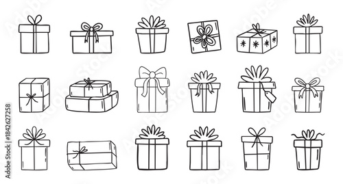 Christmas gifts and present boxes line art clipart set with ribbons and bows, monochrome collection, hand drawn.