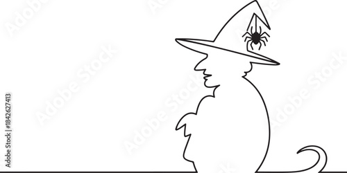 Continuous line drawing of witch with spider on hat halloween magic mystery character concept
