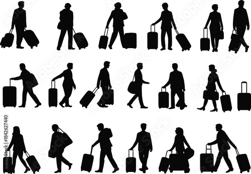 Silhouettes of travelers walking with suitcases and luggage, representing airport passengers, tourism movement, and modern travel transportation concepts