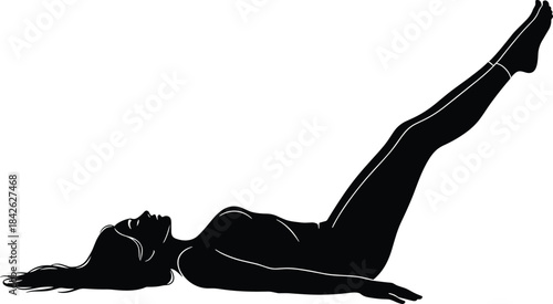 Black silhouette of a woman performing a fitness leg raise exercise, illustrating Pilates, core strength, workout, flexibility, and healthy lifestyle.