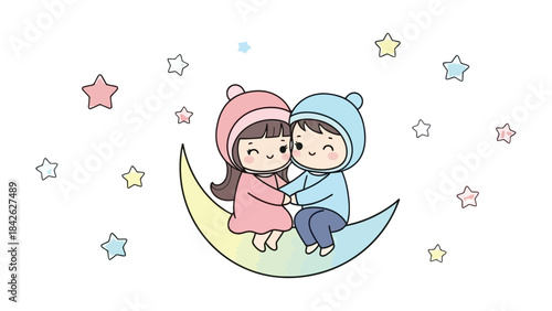 Sweethearts Under the Starlight: A charming illustration depicts two cartoon figures, a boy and girl, cozily perched on a crescent moon, hand in hand amidst a backdrop of twinkling stars.