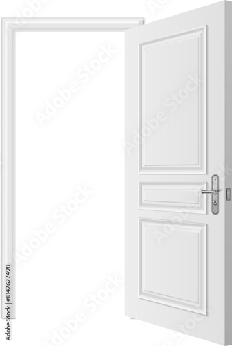 A white door with a silver handle is open