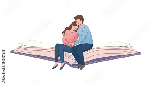Reading Romance: A tender illustration of a couple, nestled together atop a giant open book, represents the love and romance found within the pages of literature.