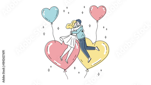 Love's Ascent: Embracing amidst heart-shaped balloons, a couple floats gently towards a sky filled with affection and shared dreams. 
