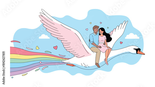 Dreamy Flight of Love: A couple soars through a whimsical sky on the back of a majestic swan, their love painting the air with a rainbow of colors.