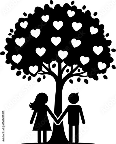 Black and white silhouette of a loving couple holding hands beneath a flourishing tree bearing heart shaped fruit symbolizing eternal romance and connection