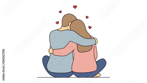 Intimate Embrace: A tender illustration of a couple sharing a loving embrace, symbolizing affection and togetherness amidst floating hearts, conveying a sense of serenity.