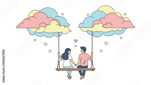 Love's Serenade in the Sky: An illustrated scene depicting a couple suspended in the clouds on a swing, surrounded by floating hearts and soft, pastel clouds, an ode to romance and connection. 