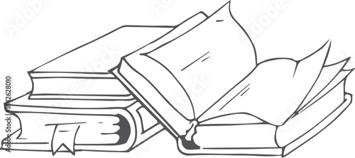 Three books stacked on top of each other with one open