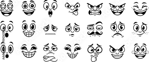 Cartoon retro faces. Vintage emotional face with mascot characters funny faces , eyes and mouths elements