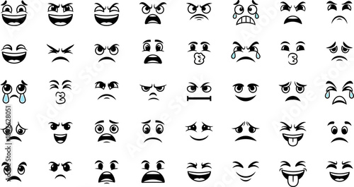 Cartoon retro faces. Vintage emotional face with mascot characters funny faces , eyes and mouths elements