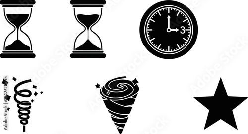 Black and white icons representing time management celebration chaos and achievement suitable for various digital projects
