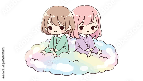 Twin Girls on a Colorful Cloud: Two adorable twin girls, sitting gracefully on a fluffy, rainbow-hued cloud, exude innocence and charm, evoking a sense of wonder and playfulness.