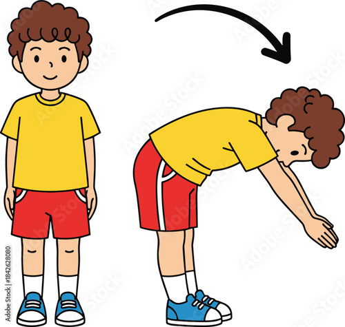 Child Doing Standing Forward Bend Stretch Exercise Illustration, Flexibility Test, Fitness, Warm-up, Physical Education, Sports, Workout, Vector