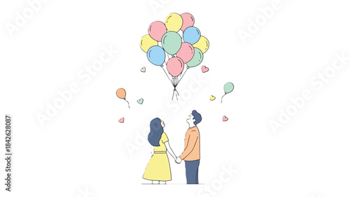 Love's Ascent: A couple gazes upward with anticipation at a cluster of colorful balloons, symbolizing hope, and dreams in a tender moment of togetherness.