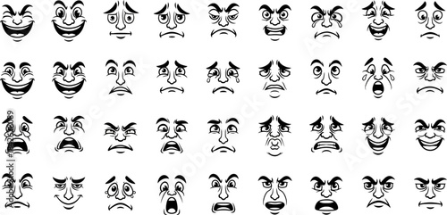 Cartoon retro faces. Vintage emotional face with mascot characters funny faces , eyes and mouths elements