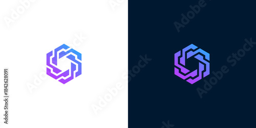 Abstract Geometric Hexagon Logo Design with Gradient Colors on White and Dark Blue Backgrounds