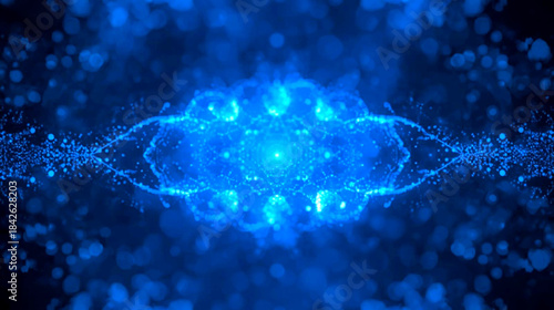 Glowing blue particle system with sparkling lights on dark background with bokeh effect