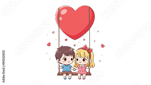 Affectionate Couple in Love: A tender moment as a charming couple sits together on a swing beneath a large heart-shaped balloon, representing their shared love and devotion.