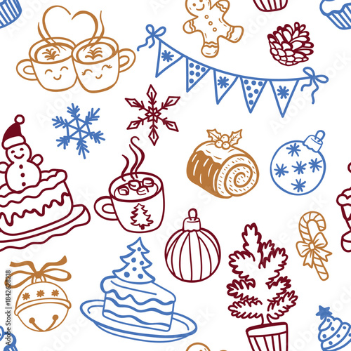 Festive seamless pattern with hand-drawn Christmas elements: cakes, mugs, ornaments, snowflakes, candy canes, gingerbread, pinecones, and holiday decorations. Cute winter celebration design