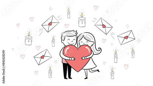 Sweet Embrace: A loving couple, enveloped by heart and love letters, embodying the spirit of romantic intimacy. Capturing the sweetness of affection and connection.