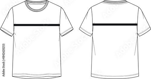 Short sleeve t-shirt technical flat sketch with front and back view, horizontal chest stripe detail, apparel design template, fashion vector illustration outline