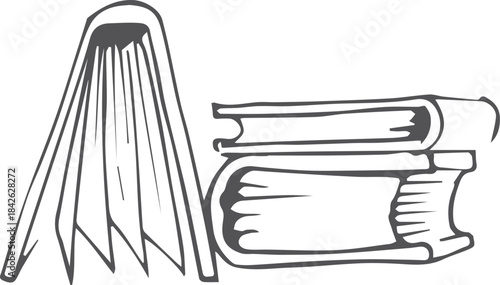 Three books stacked on top of each other with the top book being open