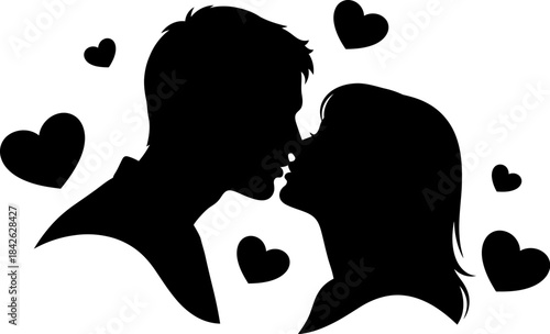Black silhouette of a romantic couple about to kiss surrounded by floating hearts symbolizing deep affection and passionate love