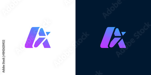 Dynamic and modern abstract letter 'A' or 'AX' logo design, featuring a vibrant purple and blue gradient, perfect for contemporary brand identity, technology, or startup branding projects
