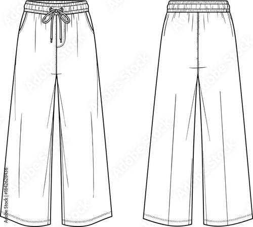 Wide-leg women’s pants technical fashion sketch with drawstring waistband, front and back flat template illustration, garment design outline, apparel vector line art