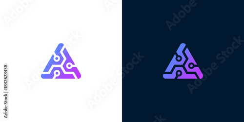 Modern digital technology logo representing connectivity and innovation through abstract circuit board triangle design with vibrant gradient colors, ideal for tech startups and data solutions