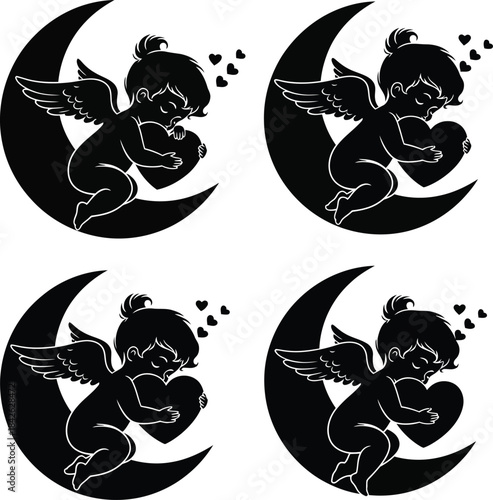 Sleeping cupid on crescent moon silhouette set, romantic cherub with hearts