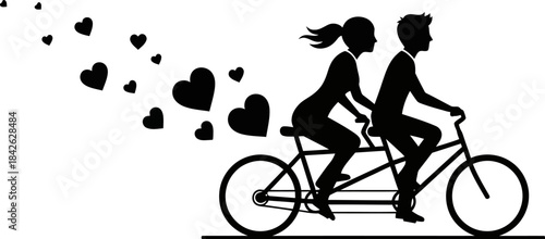 Silhouette of a couple riding a tandem bicycle leaving a trail of floating hearts symbolizing romance and shared journey through life