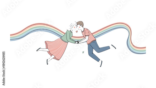 Love's Colorful Embrace: A tender moment unfolds as two individuals share a loving embrace beneath a vibrant rainbow, symbolizing affection and togetherness.