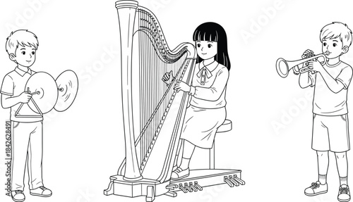 Harp, Cymbals, and Trumpet Outline Illustration, Orchestra, Education, Performance, Learning, VectorHarp, Cymbals, and Trumpet Outline Illustration, Orchestra, Education, Performance, Learning, Vector
