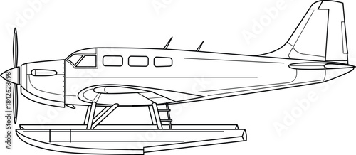Single-Engine Propeller Floatplane Seaplane Outline Illustration, Aviation, Transportation, Travel, Flying, Aircraft, Vector, Black, White
